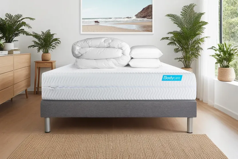 Pack lit complet 180x200 cm - Matelas + Sommier Gris (en kit) + 2 oreillers + Couette - Biocare