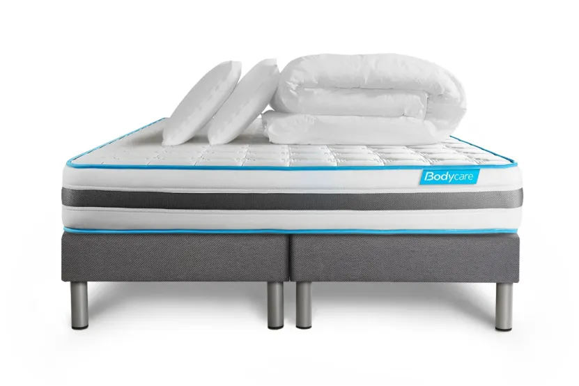 Pack lit complet 180x200 cm - Matelas + 2 Sommiers Gris + 2 oreillers + Couette - Bodyzone