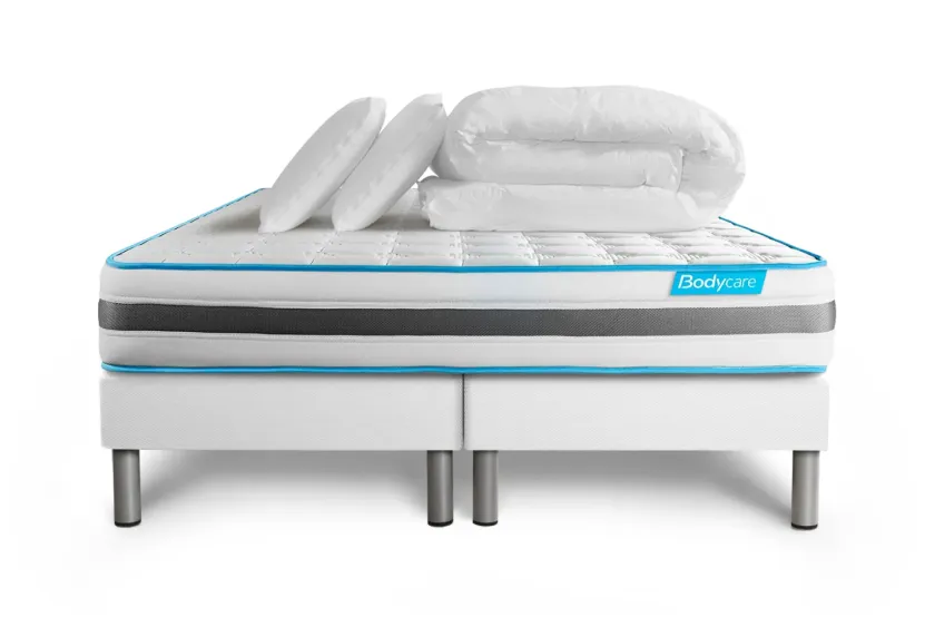 Pack lit complet 160x200 cm - Matelas + 2 Sommiers Blancs + 2 oreillers + Couette - Bodyzone