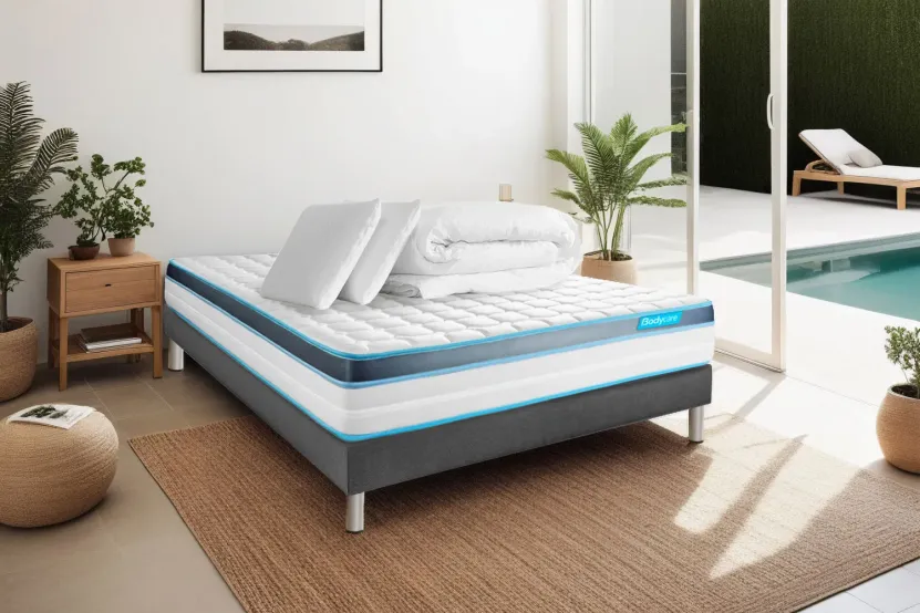 Pack lit complet 160x200 cm - Matelas + Sommier Gris + 2 oreillers + Couette - Perform