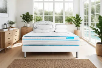 Pack lit complet 140x200 cm - Matelas + Sommier Blanc + 2 oreillers + Couette - Bodyzone+