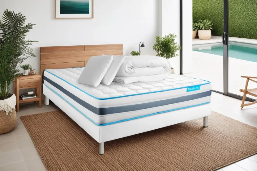 Pack lit complet 140x190 cm - Matelas + Sommier Blanc (en kit) + 2 oreillers + Couette - BodyFlex