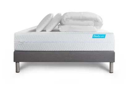 Pack lit complet 140x200 cm - Matelas + Sommier Gris (en kit) + 2 oreillers + Couette - Biocare