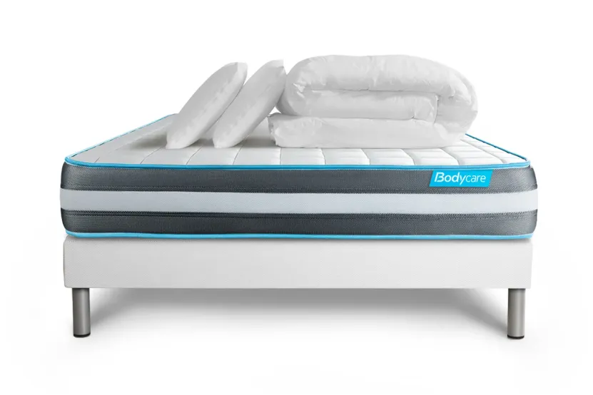 Pack lit complet 160x200 cm - Matelas + Sommier Blanc (en kit) + 2 oreillers + Couette - Bodyform