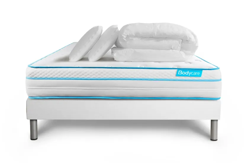 Pack lit complet 160x200 cm - Matelas + Sommier Blanc + 2 oreillers + Couette - Bodyzone+