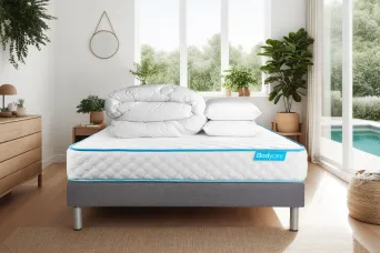 Pack lit complet 140x200 cm - Matelas + Sommier Gris + 2 oreillers + Couette - Bodyone