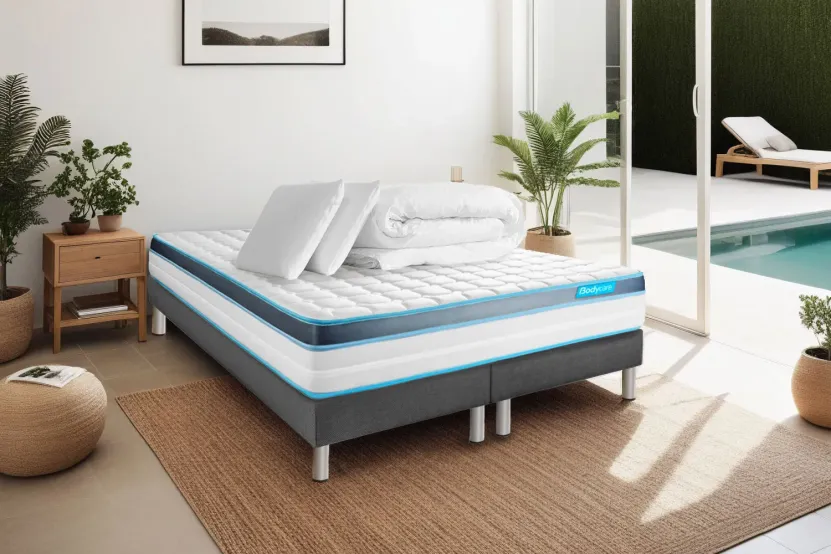 Pack lit complet 200x200 cm - Matelas + 2 Sommiers Gris + 2 oreillers + Couette - Perform