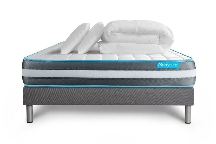 Pack lit complet 140x190 cm - Matelas + Sommier Gris (en kit) + 2 oreillers + Couette - Bodyform