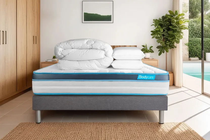 Pack lit complet 160x200 cm - Matelas + Sommier Gris (en kit) + 2 oreillers + Couette - BodyFit