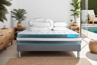 Pack lit complet 140x190 cm - Matelas + Sommier Gris + 2 oreillers + Couette - Bodyform