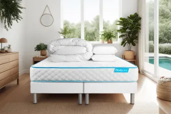 Pack lit complet 200x200 cm - Matelas + 2 Sommiers Blancs + 2 oreillers + Couette - Bodyone