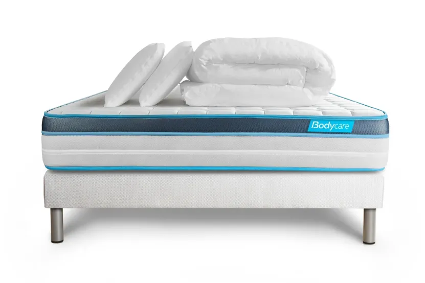 Pack lit complet 140x200 cm - Matelas + Sommier Blanc (en kit) + 2 oreillers + Couette - BodyFit