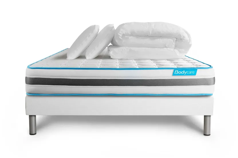 Pack lit complet 140x190 cm - Matelas + Sommier Blanc (en kit) + 2 oreillers + Couette - BodyFlex