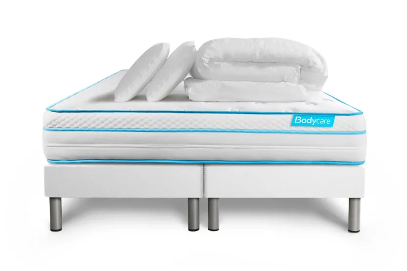 Pack lit complet 200x200 cm - Matelas + 2 Sommiers Blancs + 2 oreillers + Couette - Bodyzone+