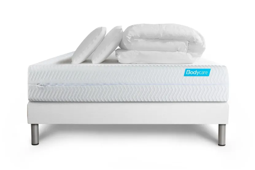 Pack lit complet 160x200 cm - Matelas + Sommier Blanc (en kit) + 2 oreillers + Couette - Biocare