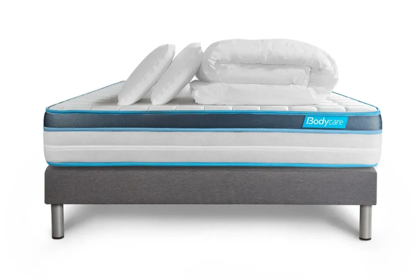 Pack lit complet 140x200 cm - Matelas + Sommier Gris (en kit) + 2 oreillers + Couette - BodyFit