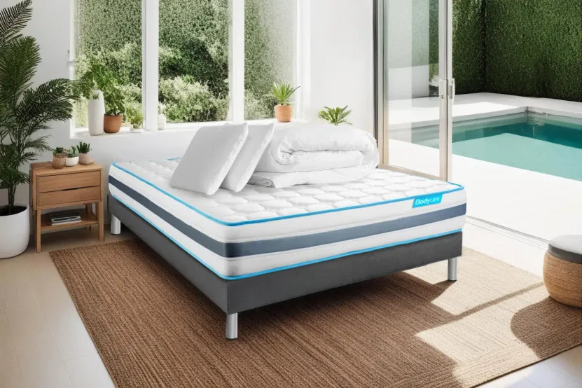 Pack lit complet 140x200 cm - Matelas + Sommier Gris + 2 oreillers + Couette - Bodyzone