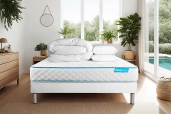 Pack lit complet 140x200 cm - Matelas + Sommier Blanc + 2 oreillers + Couette - Bodyone