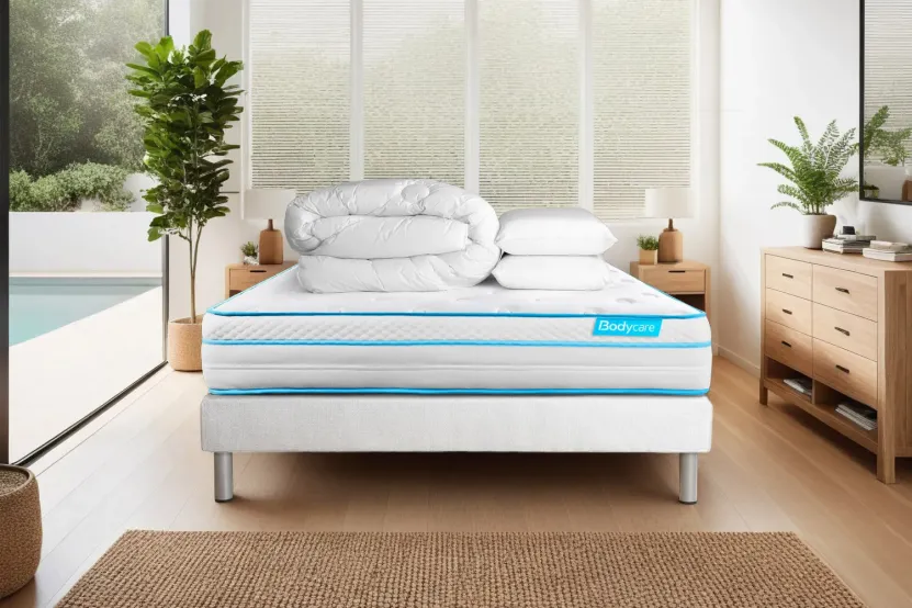 Pack lit complet 180x200 cm - Matelas + Sommier Blanc (en kit) + 2 oreillers + Couette - BodyMax