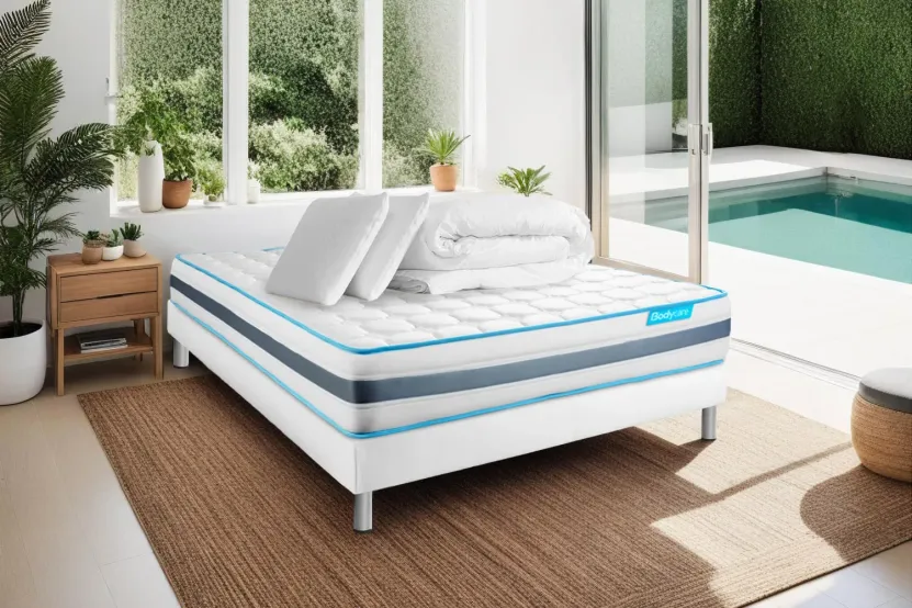 Pack lit complet 140x200 cm - Matelas + Sommier Blanc + 2 oreillers + Couette - Bodyzone