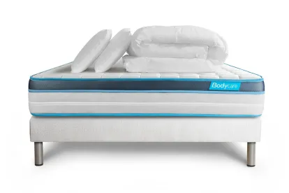 Pack lit complet 160x200 cm - Matelas + Sommier Blanc (en kit) + 2 oreillers + Couette - BodyFit
