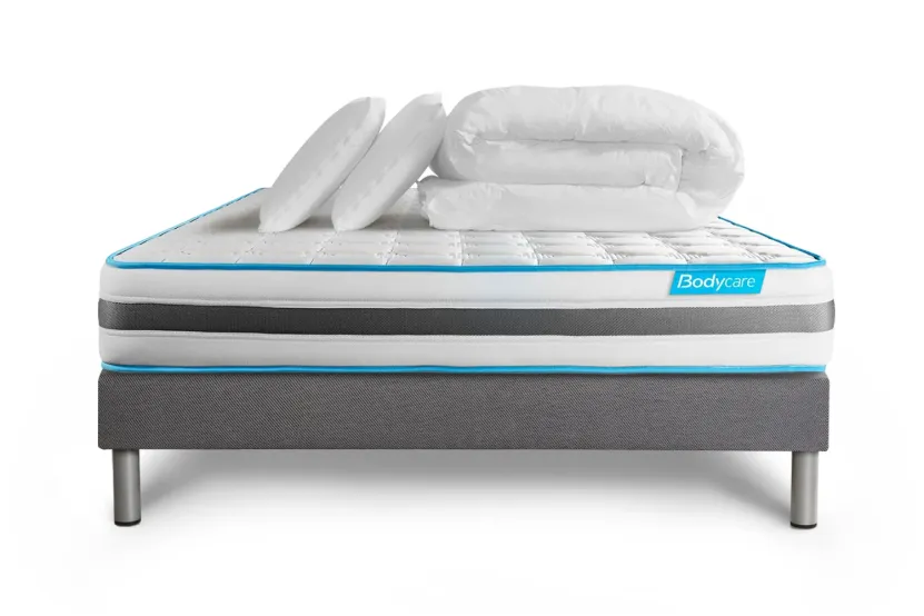 Pack lit complet 180x200 cm - Matelas + Sommier Gris (en kit) + 2 oreillers + Couette - BodyFlex