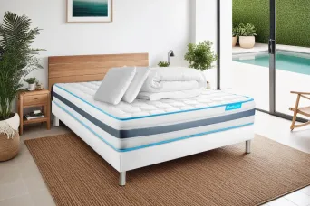 Pack lit complet 200x200 cm - Matelas + Sommier Blanc (en kit) + 2 oreillers + Couette - BodyFlex