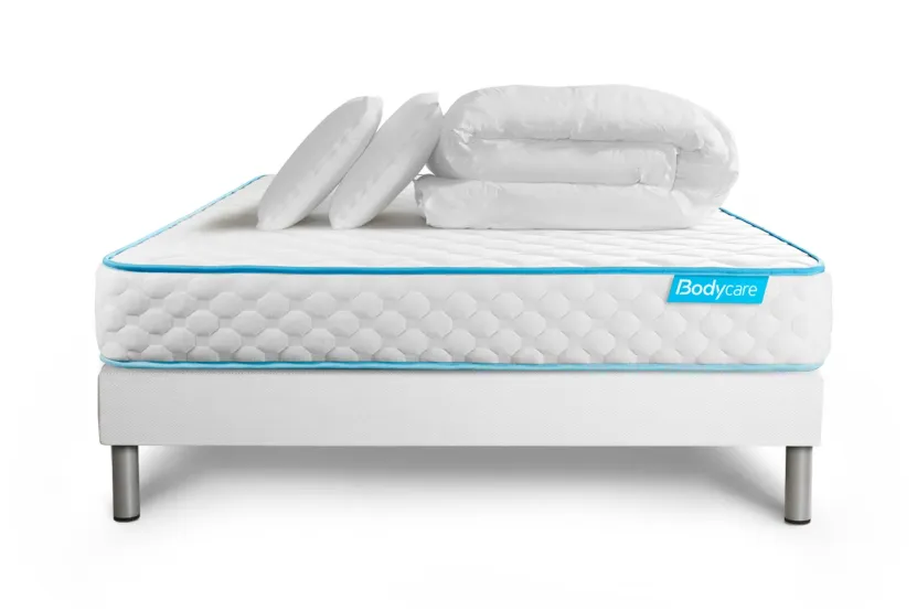 Pack lit complet 140x200 cm - Matelas + Sommier Blanc + 2 oreillers + Couette - Bodyone